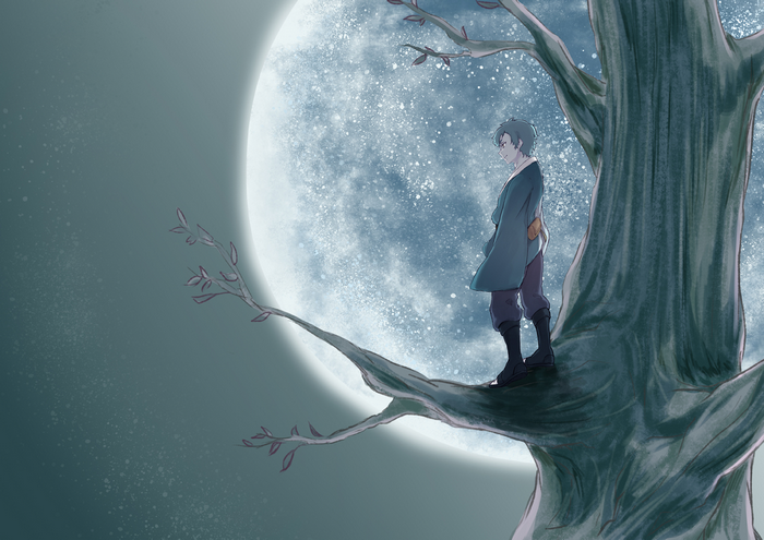 Mitsuki from Naruto on a tree branch under the moon