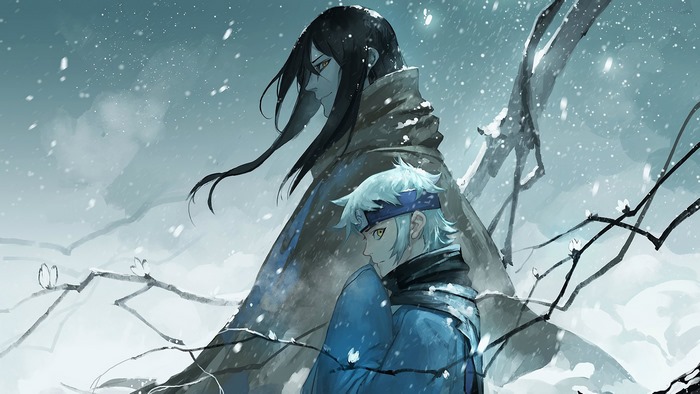 Mitsuki and Orochimaru from Naruto in the snow