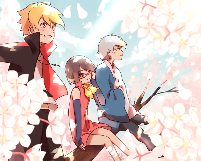 Boruto, Sarada, and Mitsuki with cherry blossoms