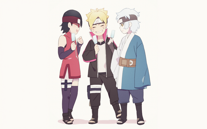 Sarada, Boruto, and Mitsuki from Naruto eating popsicles