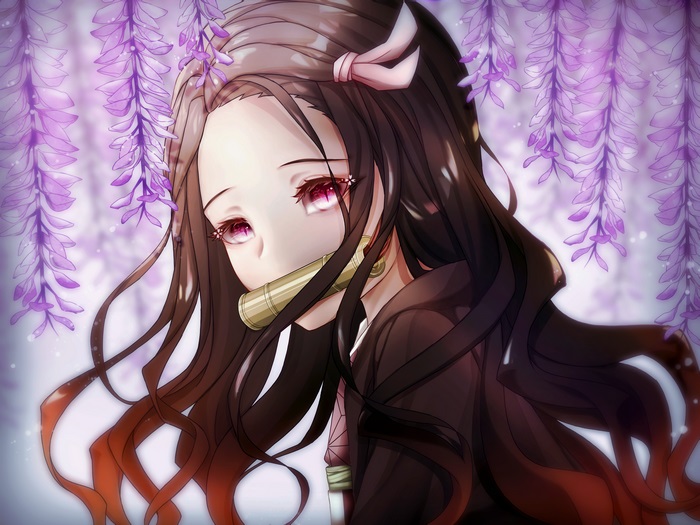 Nezuko Kamado with Flowing Hair and Purple Flowers