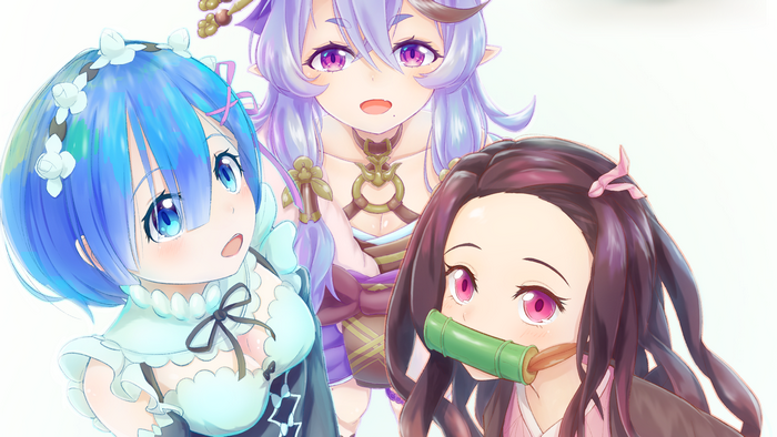 Rem, Nezuko Kamado, and a purple-haired elf