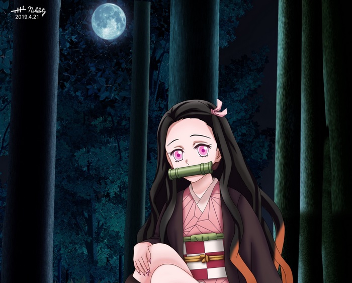 Nezuko Kamado from Demon Slayer in a forest at night