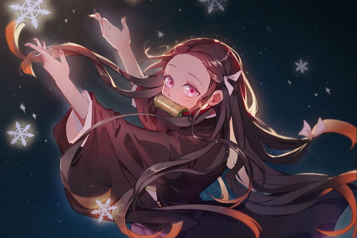 Nezuko Kamado with Flowing Hair and Snowflakes