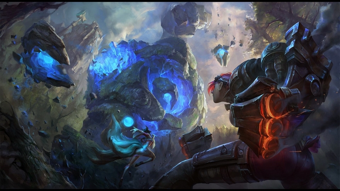 Vi and Vex from League of Legends fighting near glowing rocks