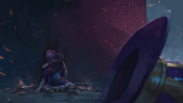 Vi from League of Legends hugging someone in the rain