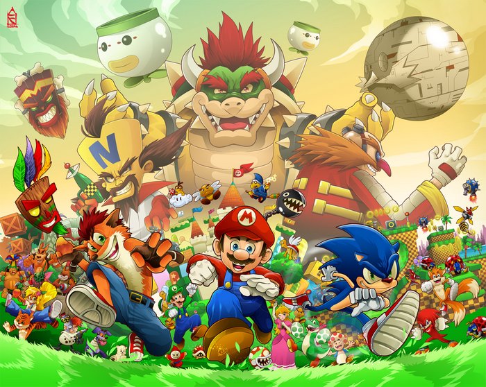 Mario, Sonic, Crash Bandicoot, Bowser, and Eggman crossover