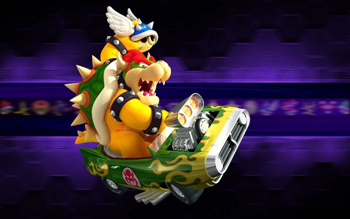 Bowser and Lakitu from Mario Kart in a car