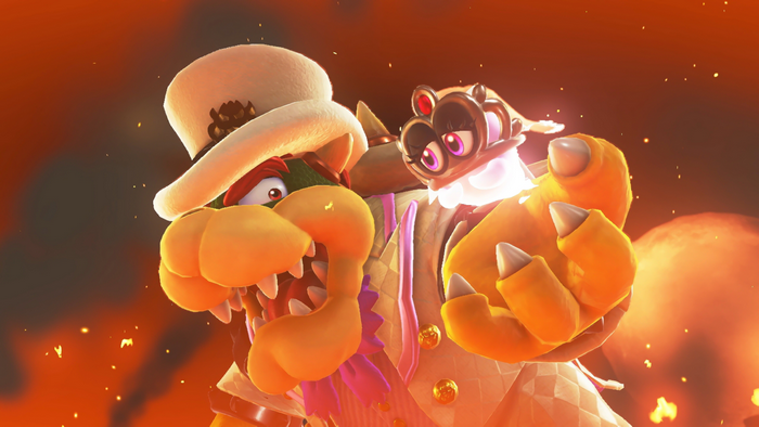 Bowser from Super Mario Odyssey in a suit