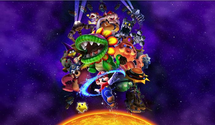 Mario from Super Mario Galaxy with enemies