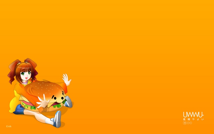 Haruka Amami holding a hamburger plush