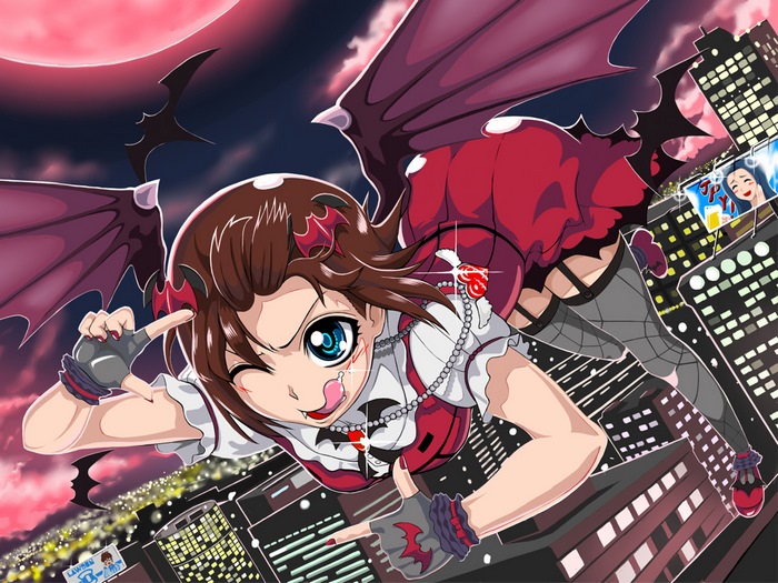 Haruka Amami as a vampire flying over a city