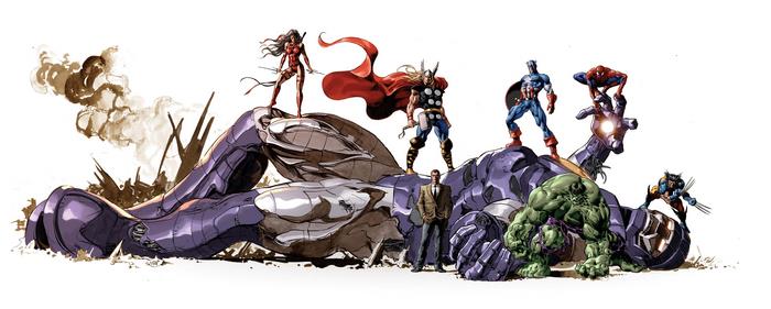 Elektra and Avengers on a defeated Sentinel