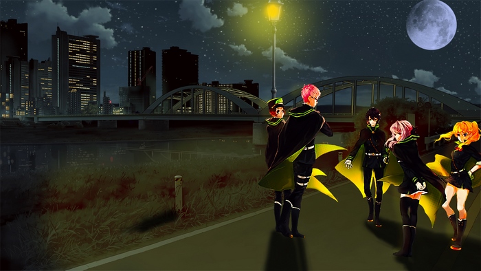 Yūichirō Hyakuya and friends in a city at night