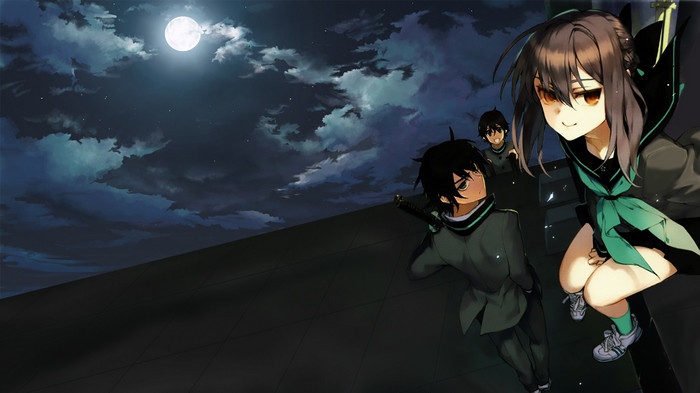 Yūichirō Hyakuya and friends on a rooftop at night