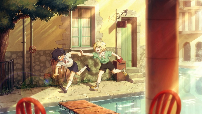Two boys running by a canal in a European town