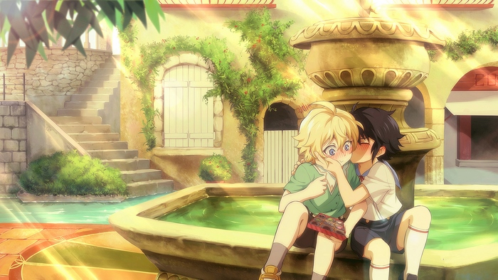 Yūichirō Hyakuya kissing Mikaela Hyakuya by fountain