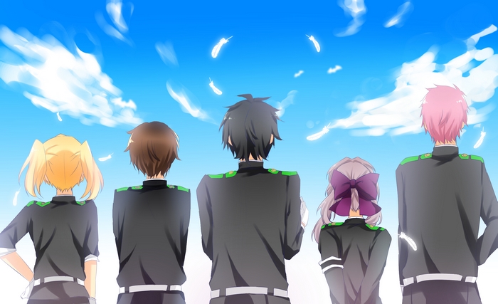 Five characters from Seraph of the End looking at the sky