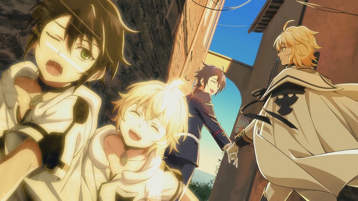 Yūichirō Hyakuya and friends in a street