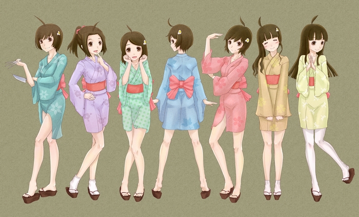 Seven girls in kimonos