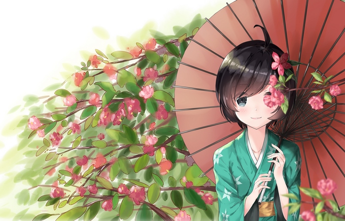 Tsukihi Araragi with umbrella and flowers