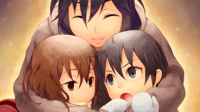 Kayo Hinazuki hugging two children