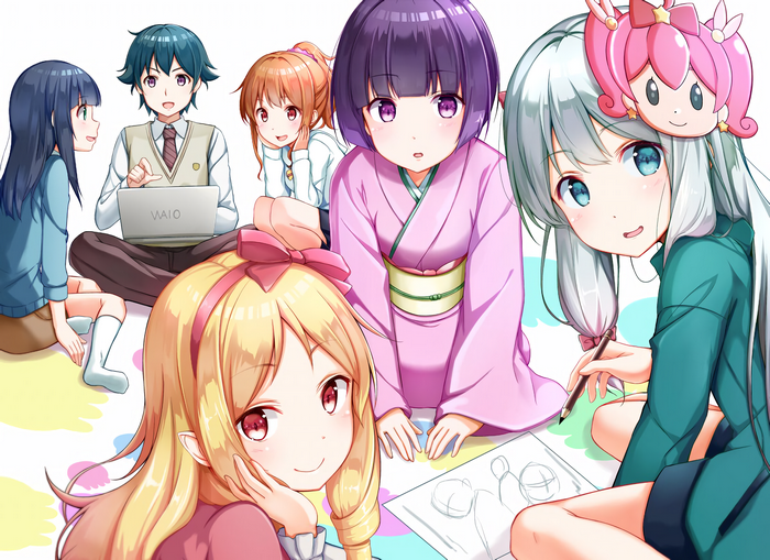 Anime characters drawing and using laptop