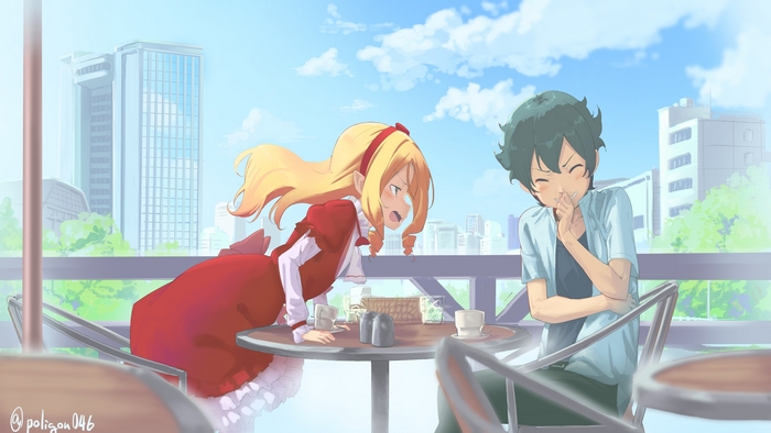 Elf girl and boy at a cafe