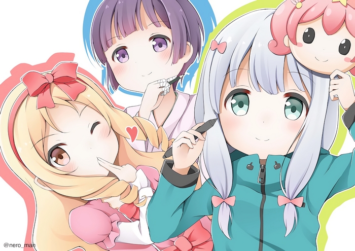 Three anime girls with drawing tools