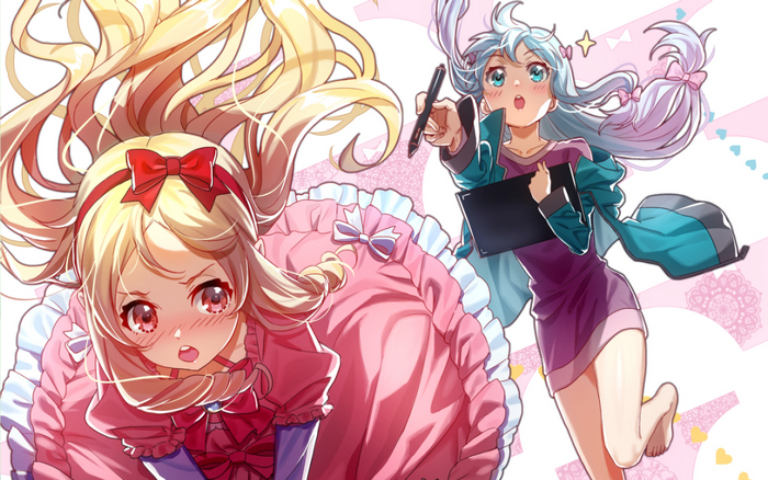 Two anime girls, one in pink dress, one with tablet