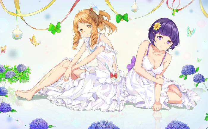 Two anime girls in white dresses with hydrangeas
