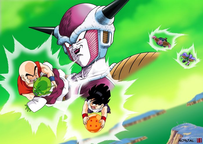 Frieza from Dragon Ball Z with Goku, Krillin, and Piccolo