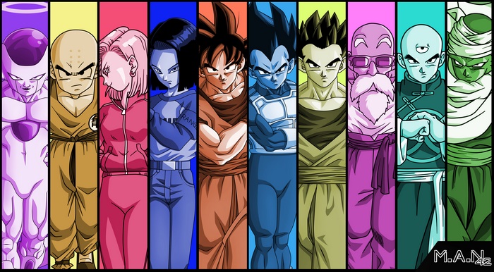 Dragon Ball Z characters Frieza, Krillin, Android 18, Android 17, Goku, Vegeta, Gohan, Master Roshi, Tien Shinhan, and Piccolo