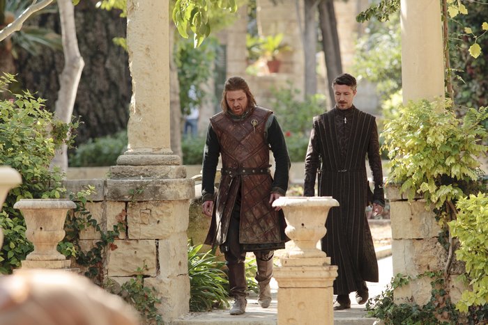 Two men walking in a garden