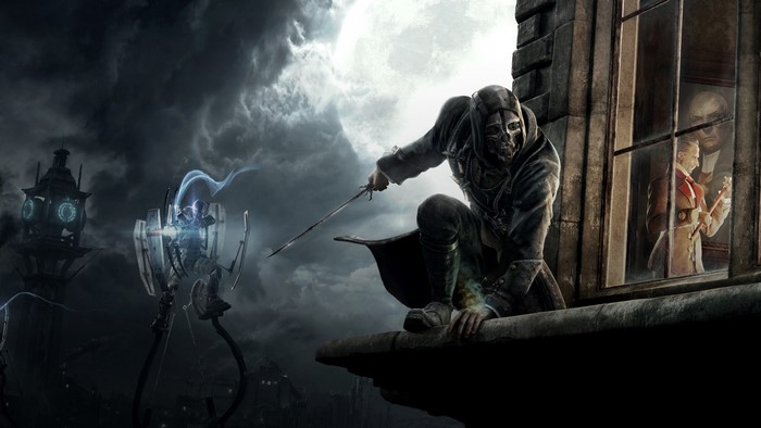 Corvo Attano from Dishonored on a rooftop