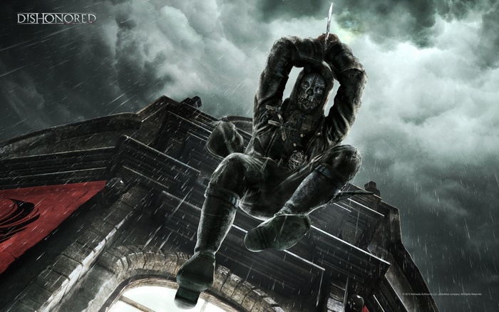 Corvo Attano from Dishonored hanging from a building