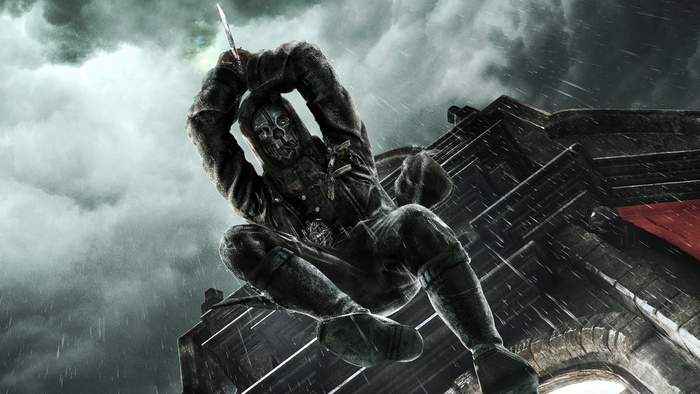 Corvo Attano from Dishonored hanging from a building