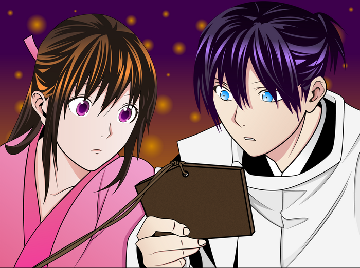 Hiyori Iki and Yato holding a wooden tag