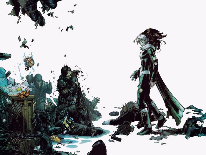 Rogue from Marvel Comics in a battle aftermath