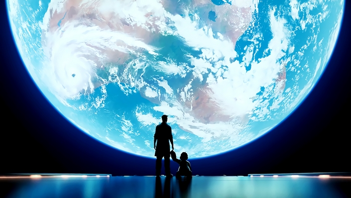 Silhouette of a person and child looking at Earth