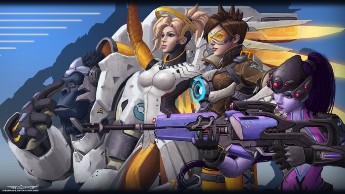 Winston, Mercy, Tracer, and Widowmaker from Overwatch