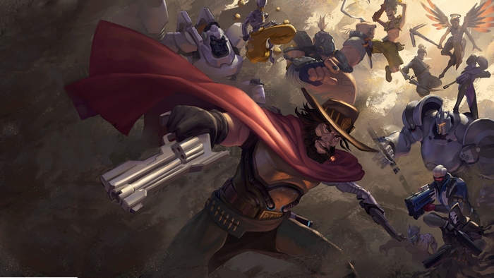 Overwatch characters in a battle scene