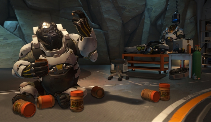 Winston from Overwatch eating peanut butter