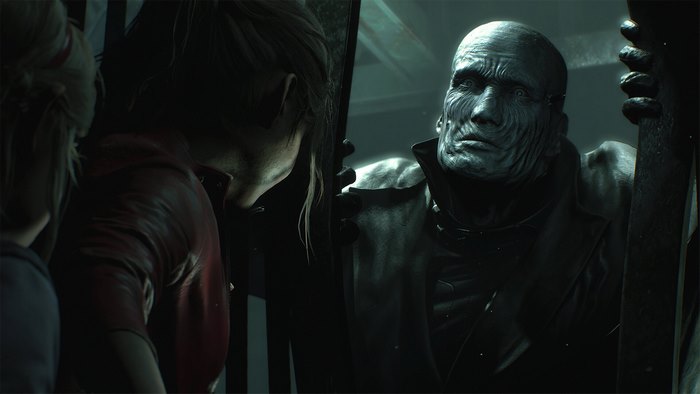 Mr. X confronts Claire Redfield in Resident Evil 2