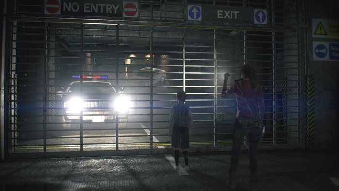 Claire Redfield in a dark garage with a police car