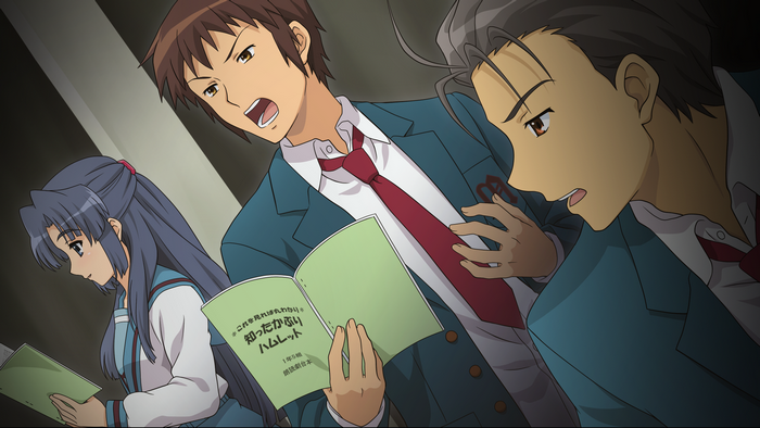 Kyon from The Melancholy of Haruhi Suzumiya reading Hamlet