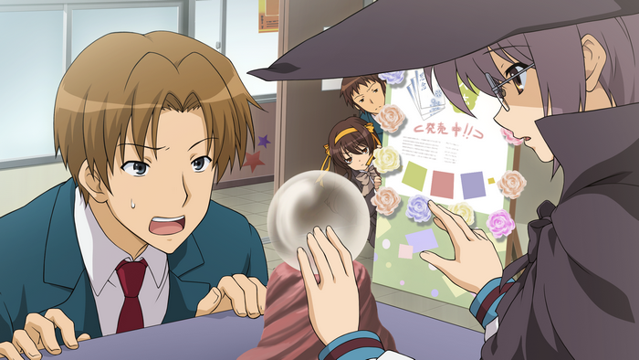 Kyon and others from Haruhi looking at a crystal ball