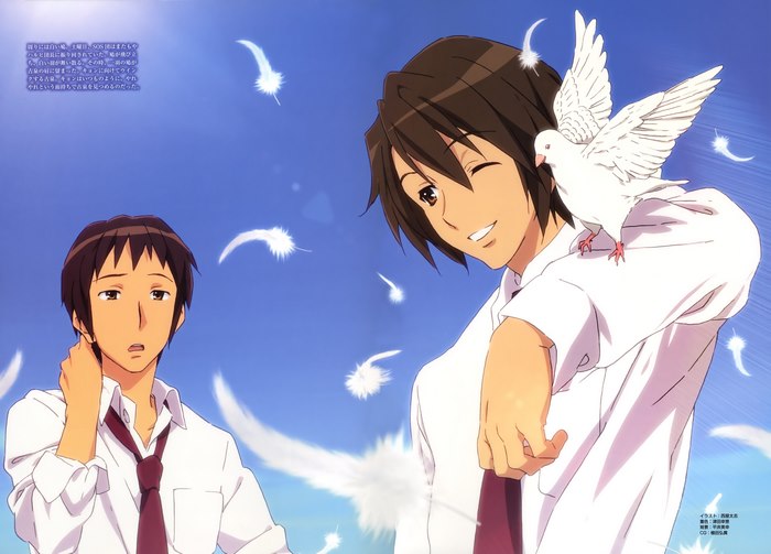 Kyon from The Melancholy of Haruhi Suzumiya with a dove