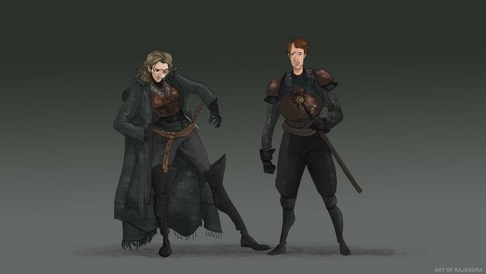 Two characters in fantasy armor with swords