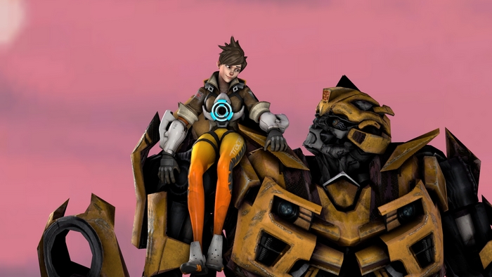 Tracer from Overwatch sitting on Bumblebee
